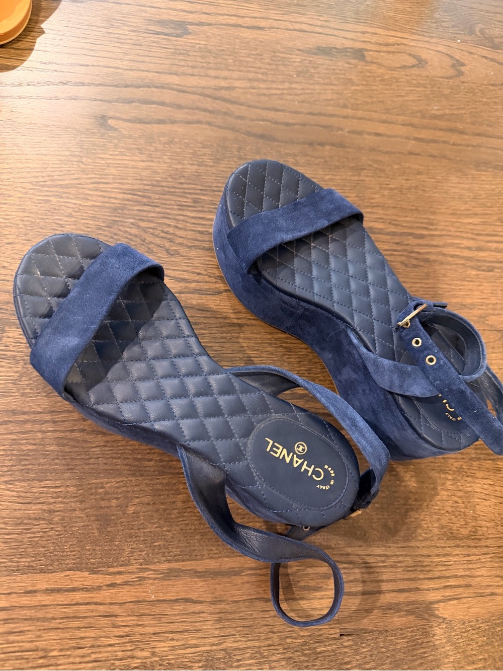 CHANEL Navy Quilted Suede Ankle-Strap Sandals